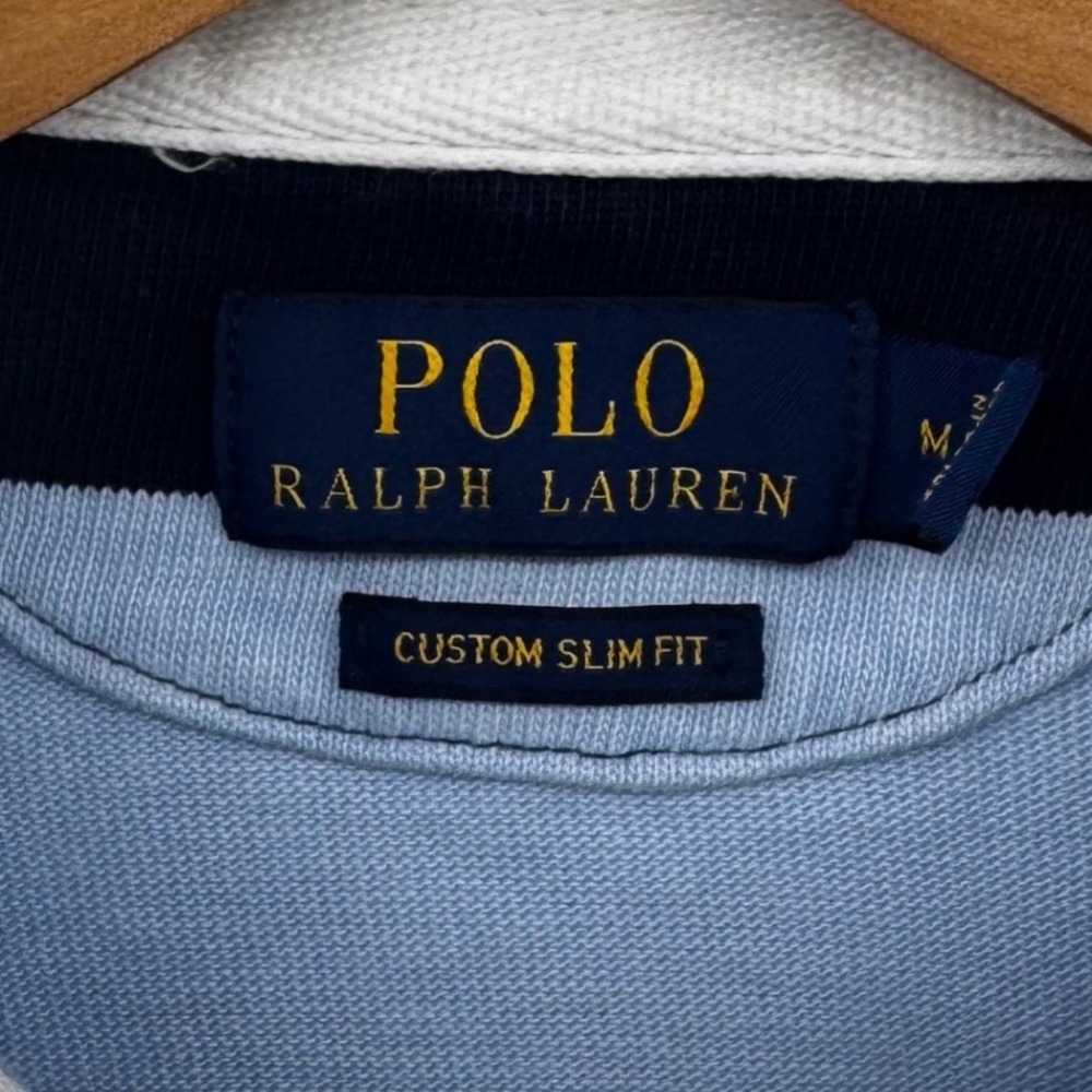 Polo Ralph Lauren Mens Custom Slim Fit Rugby Shirt Navy Blue Striped Size M - Picture 4 of 8